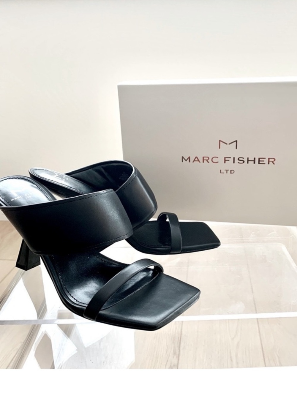 🖤 Marc Fisher Black Leather Deann Sculptural Mules Slip on High Heeled Sandals